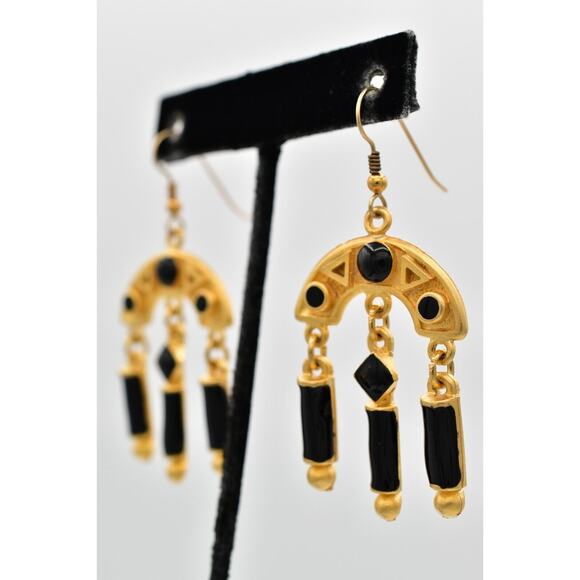 Vintage Dangle Earrings Brushed Gold Black Enamel Heavy Chunky NOS 1980s BinZ - Picture 2 of 12